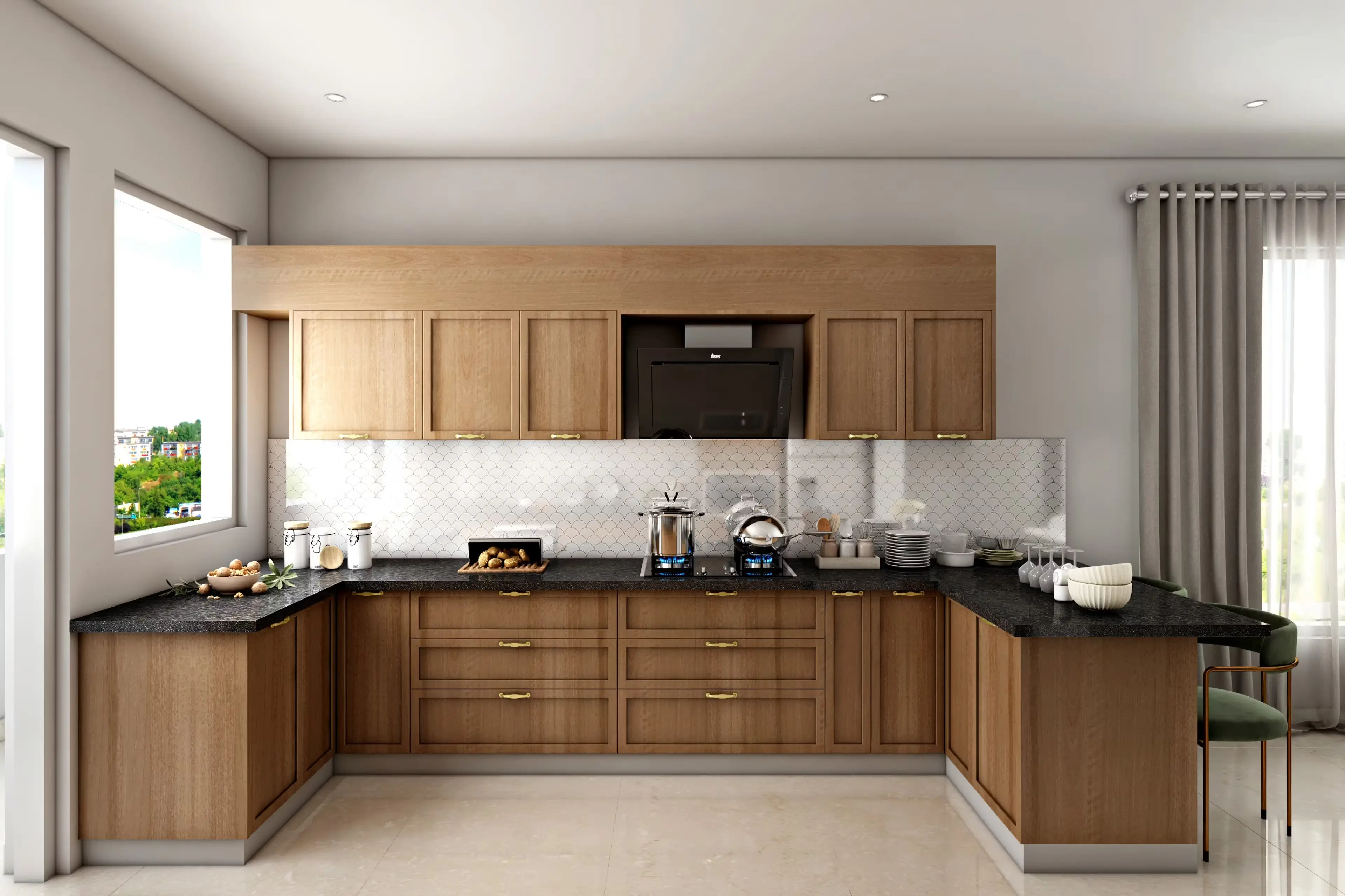 Contemporary L-shaped modular kitchen with soft-close drawers, premium hardware, and customized storage solutions Hyderabad
