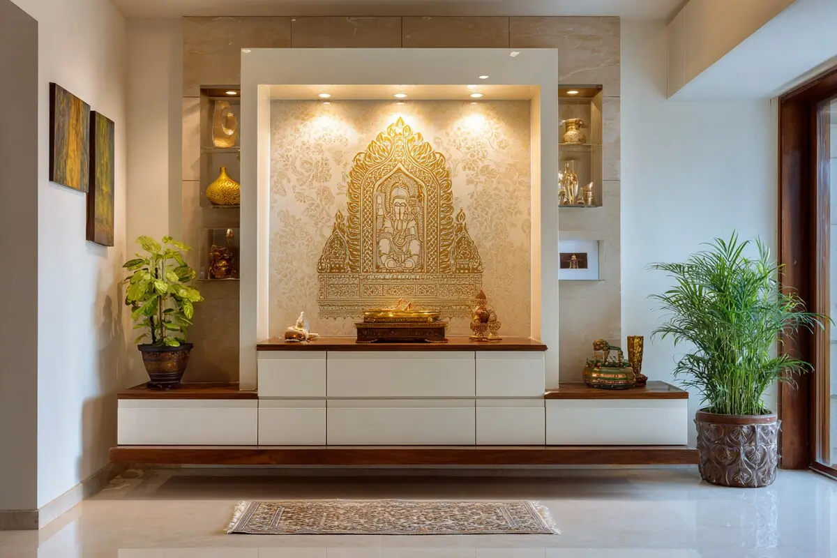 Traditional wooden pooja unit with intricate carvings and customized temple design for Hindu home Hyderabad