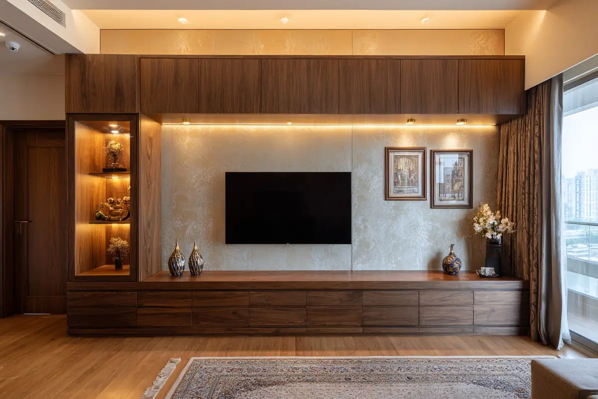 Modern TV unit and entertainment wall with cable management, display shelves, and ambient backlighting Hyderabad