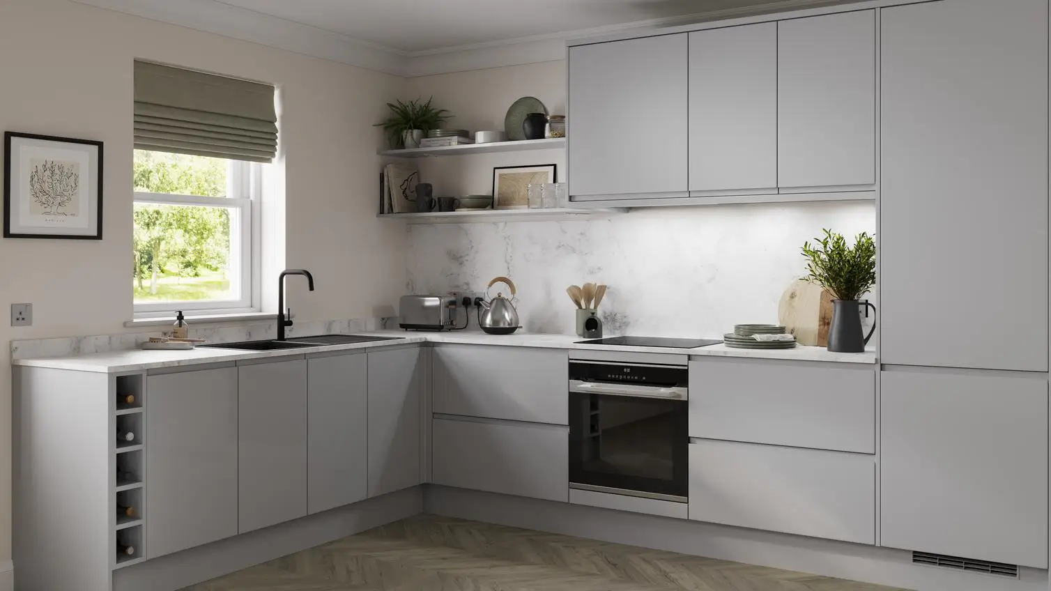L-shaped modular kitchen with white finish, premium appliances, and smart storage completed in Manikonda Hyderabad