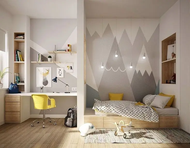 Colorful kids bedroom interior with study area, storage solutions, and playful decor for children in Hyderabad