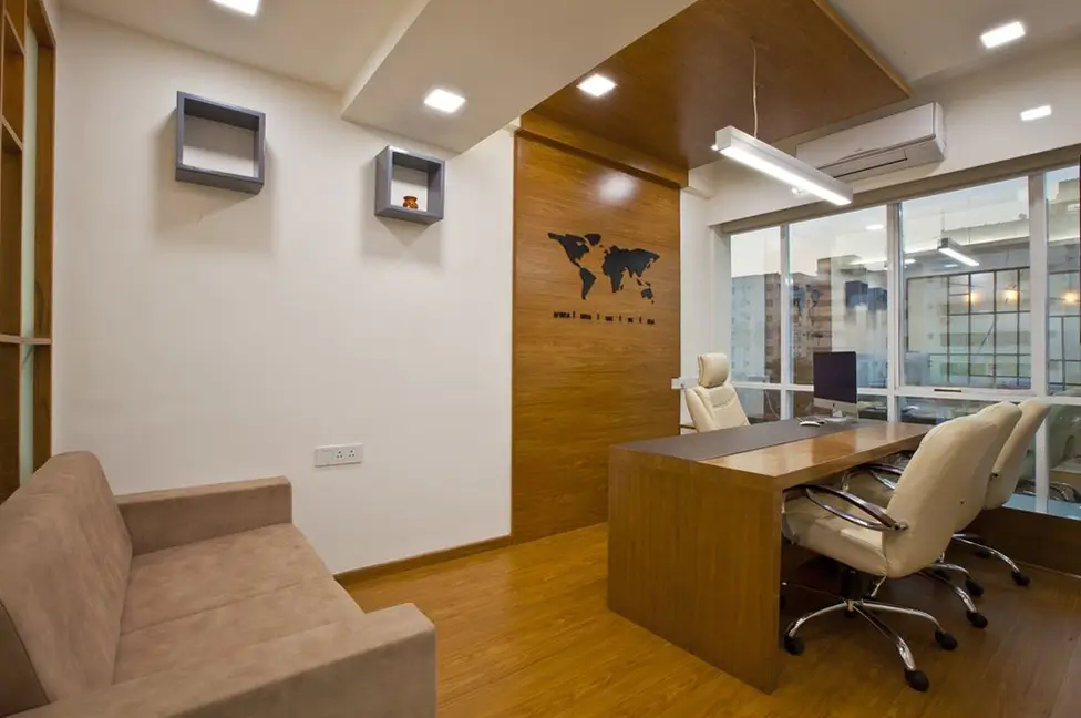 Professional corporate office interior design with workstations, meeting rooms, and modern furniture in HITEC City Hyderabad