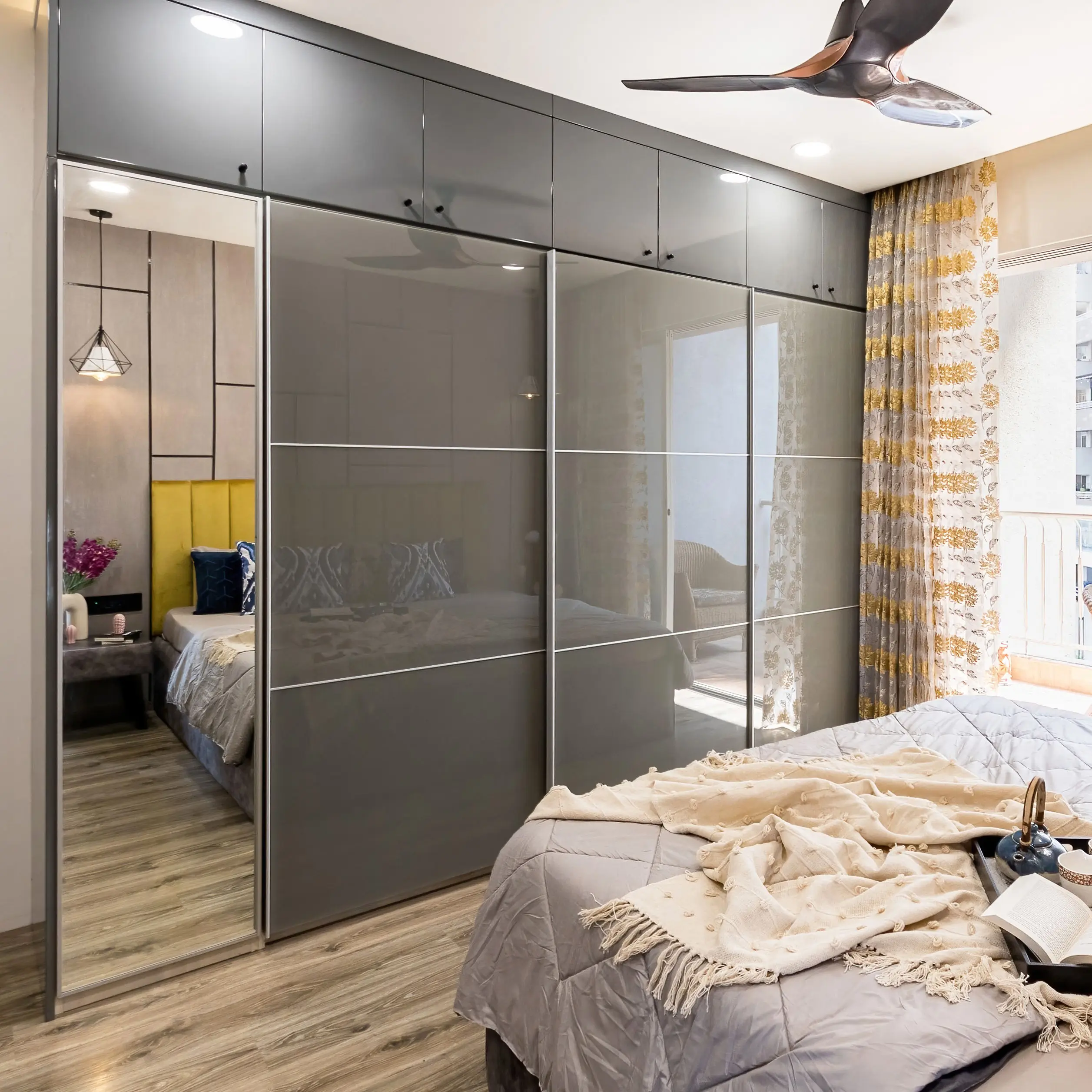 Sliding wardrobe with mirror LED lighting and organized storage Hyderabad
